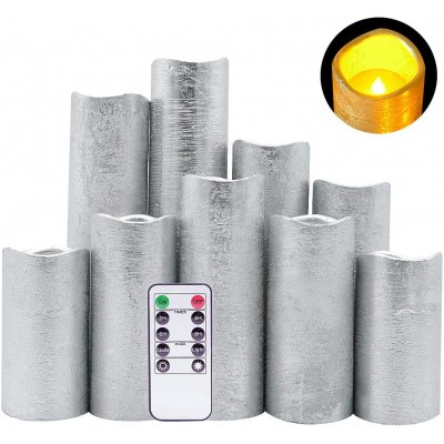 DRomance LED Flameless Flickering Candles Battery Operated with Remote and Timer Set of 9 Silver Coating Warm Light Real Wax Pillar Candles for Christmas Home DecorationD 2.2"x H 4"-9"