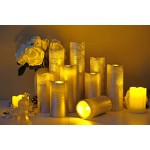 Eldnacele Flameless Candles Flickering LED Silver Pillar Candles Warm White Set of 9H4 5 6 7 8 9 x D2.2 Electric Unscented Wax Silver Coated Battery Candles with Remote Timer for Home Deco