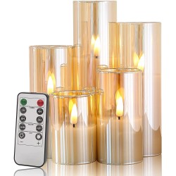 Eywamage Slim Gold Glass Flameless Candles Batteries Included Flickering LED Pillar Candles with Remote Christmas Wedding Home Decor D 2" H 3" 4" 5" 6" 7"