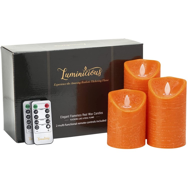 Flameless Candles Flickering LED | Battery Operated Electric Pillar Candle | Realistic Moving Flame Flicker with 2 Remote Controls & Timer | Real Wax Orange | Great Home Decor Decorative Gift