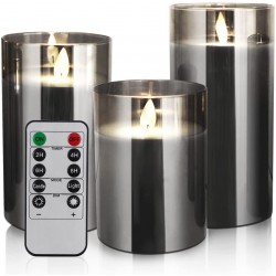 Flameless Candles LED Flickering Fake Candle for Room Decor Home Decorative Battery Operated Remote Control Grey Glass 3 Pack