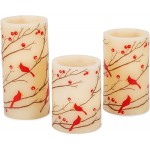 Flameless LED Glitter Berries and Cardinals Wax Pillar Candles with Timer 3pc Set