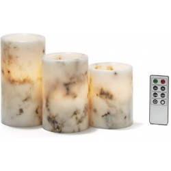 Flameless Pillar Candles with Remote 3x4 3x5 3x6 Inch 3 Pack Marble Real Wax Battery Operated Flickering LED Light Timer & Batteries Included