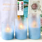 FLAVCHARM Glass Flameless Candles with Remote Blue Sandblast LED Flickering Candles Set of 3 Battery Operated Pillar Candle Light with Timer Real Wax for Home Decor