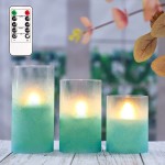 Flavcharm Glass Flameless Candles with Remote Green Sandblast Aqua LED Glass Candles Flickering Set of 3 Battery Operated Candles Light with Timer Real Wax for Home Décor