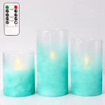 Flavcharm Glass Flameless Candles with Remote Green Sandblast Aqua LED Glass Candles Flickering Set of 3 Battery Operated Candles Light with Timer Real Wax for Home Décor