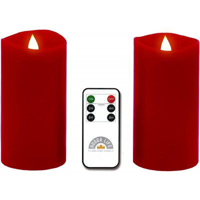 Gift Package 2 Pieces Red Flameless Candles D 3" x H 6" with Timer Function and Remote Flickering 3D Flame Wick Effect Real Wax LED Pillar Candles Battery Operated