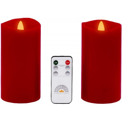 Gift Package 2 Pieces Red Flameless Candles Flickering Flame Effect Real Wax D 3" x H 4" Battery Operated LED Pillar Candles Real Wax with Timer Function and Remote