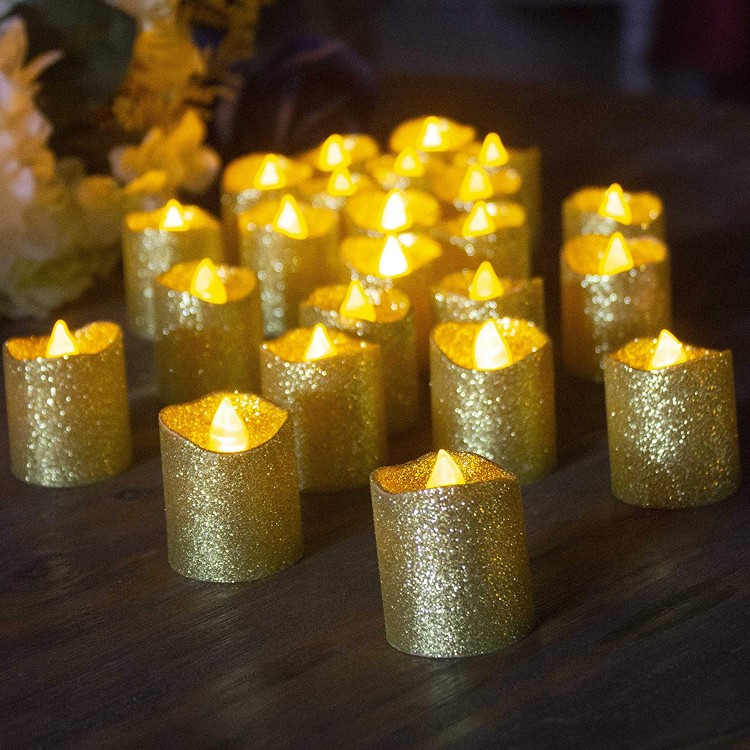 Gold Flameless Votive Candles,24 Pack Battery Operated Gold Glitter Flickering Fake LED Tea Lights for Wedding Centerpieces,Table,Anniversary,Outdoor,Christmas Decorations