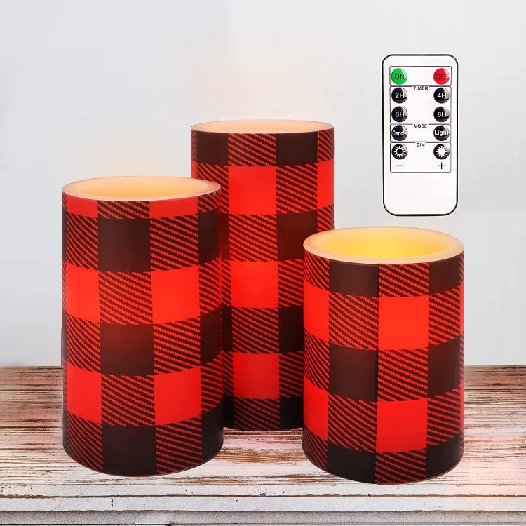 GORGE MOMENT Christmas Flameless Candles Holiday Decorations LED Flickering Candle Lights Battery Operated Candles with Remote Christmas Gift Red Black Grid Decal Buffalo Plaid Themed Home Decor