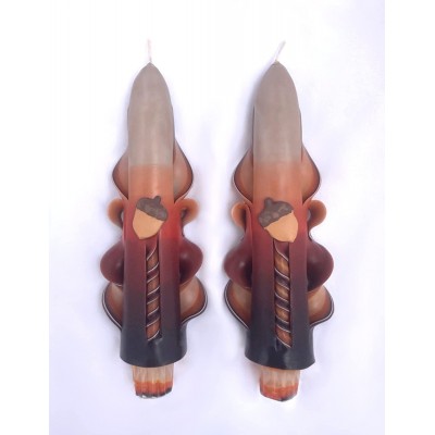 Hand-Carved Autumn Taper Candles with Acorn Accents 6 inch