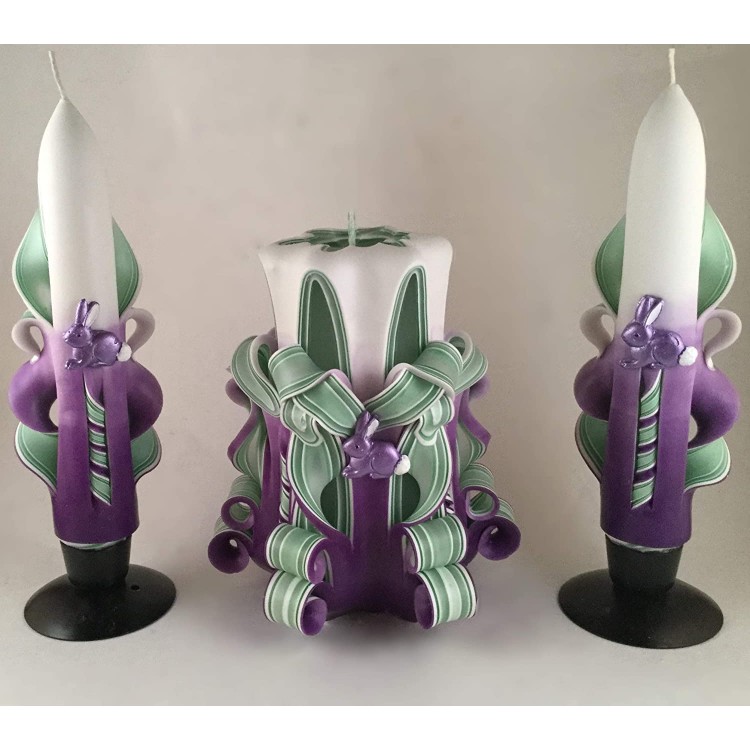 Hand-Carved Easter Candle Set with Bunny Accents
