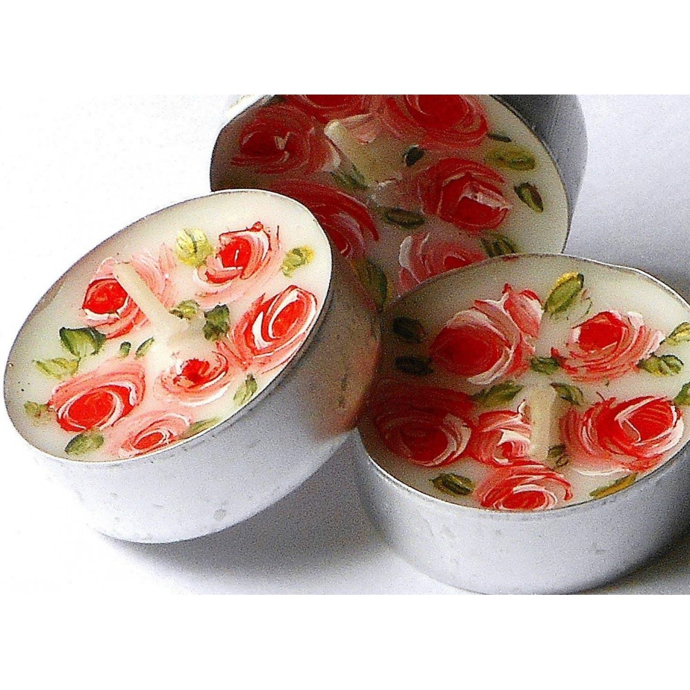 Hand Painted Pink Rose Tea Light Candle Little Housewarming Gift Set of 3 Romantic Shabby Chic Decor