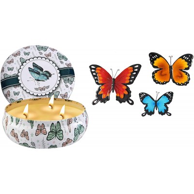 HOME-X Large Butterfly Scented Candle with 3 Wicks 100% Soy Wax Calming Candle Gift 13.5oz and Metal Butterfly Wall Accents Indoor or Outdoor Home Decorations