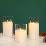 JHY DESIGN Set of 3 Glass Triangle Flameless Candles Dancing Flame Battery Operated Flickering LED Pillar Candles with 6-Hour Timer Feature Real Wax Moving Wick Glass Candle for Home Wedding Party