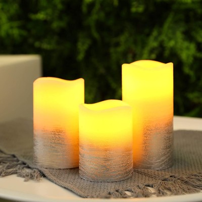 JHY DESIGN Set of 3 Silver Real Wax Battery Powered Candle Wave Edge Flameless Candles Flashing Electric Candles with 6-Hour Timer for Home Parties EventsGradient Silver
