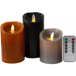 Kitch Aroma Set of 3 Assorted Grey Brown Black flameless Candles 3 x 4 5 6inch Battery Operated LED Pillar Candles with Moving Flame for Halloween Thanksgiving Christmas Home Decor