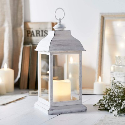 Lights4fun Inc. 12" Rustic White Battery Operated Indoor LED Flameless Candle Lantern