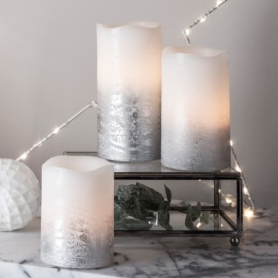 Lights4fun Inc. Set of 3 Silver Real Wax Battery Operated Flameless LED Pillar Candles