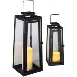 Lights4fun Inc. Set of Two Black Metal Battery Operated LED Flameless Candle Lanterns for Indoor Outdoor Use