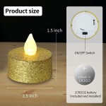 LOGUIDE Gold LED Tea Lights,Battery Operated Gold Glitter Flameless Flickering Electric Fake VotiveTea Light Candles for Wedding,Christmas,Anniversary,Table,Party Decorations,Pack of 12