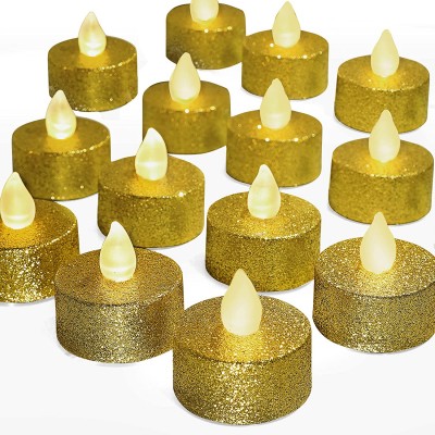 LOGUIDE Gold LED Tea Lights,Battery Operated Gold Glitter Flameless Flickering Electric Fake VotiveTea Light Candles for Wedding,Christmas,Anniversary,Table,Party Decorations,Pack of 12