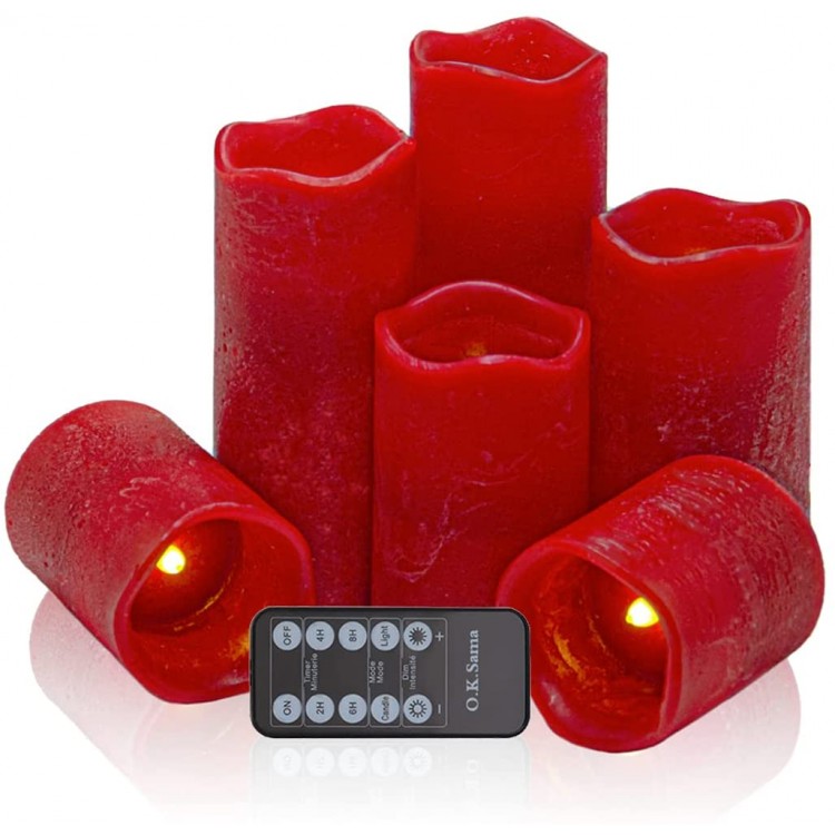 O.K.Sama LED Flameless Candles with 10-Key Remote Control and Timer,Set of 6D3X3 4 5 6 7 8Red Realistic Paraffin Texture Pillars,Simulated Scintillation Flame,Wedding Party Home Decoration