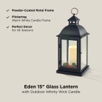 Outdoor Lantern with Flameless Candle 15 Inch Black Metal Red Berry Candle Ring & Realistic 3D Wick LED Candle 6 Hr Timer Weatherproof Mantel Decor or Table Centerpiece Battery Included