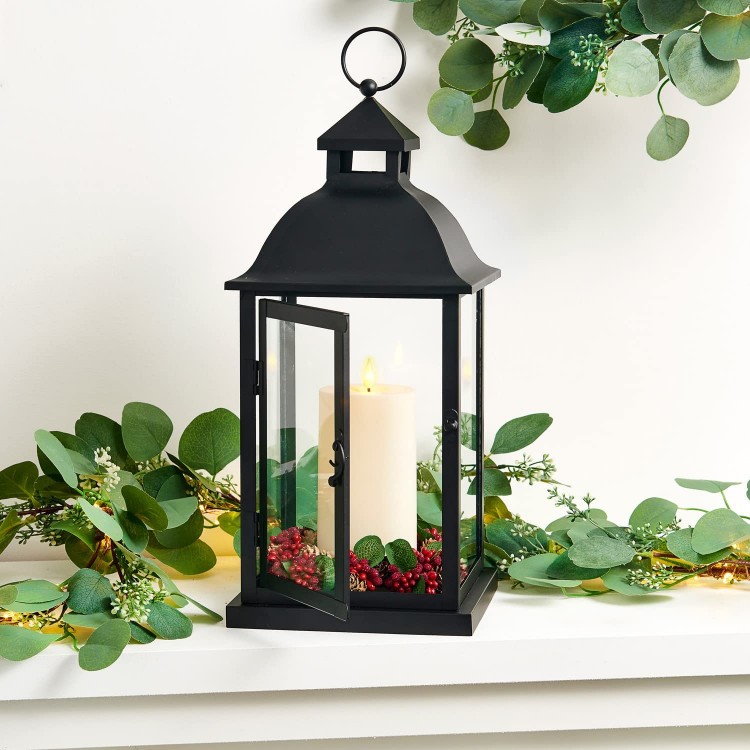 Outdoor Lantern with Flameless Candle 15 Inch Black Metal Red Berry Candle Ring & Realistic 3D Wick LED Candle 6 Hr Timer Weatherproof Mantel Decor or Table Centerpiece Battery Included
