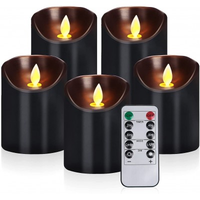 Pandaing Set of 5 Black Battery Operated Candles Pillar Real Wax Flameless Flickering LED Candles with Remote Control Timer