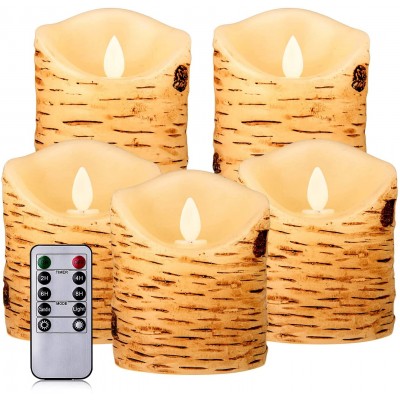 Pandaing Set of 5 Pillar Birch Bark Effect Flameless LED Candles with 10-Key Remote Control and 2 4 6 or 8 Hours Timer Function