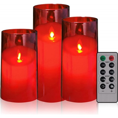 Peyer Red Flameless Candles Red Acrylic Glass LED Pillar Flickering Candles with Remote Control and Timer Set of 3