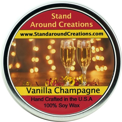 Premium 100% All Natural Soy Wax Aromatherapy Candle 16oz Tin Scent: Vanilla Champagne A sparkling accent creates a fizzy effect for the citrus top notes of lime and orange to open this blend. Hints of green floral and rum liquor notes from the fragrant h