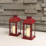 Red Outdoor Lanterns with Solar Candles 11 Inch Tall 2 Set Waterproof Metal Ivory Resin Candle Flickering LED Light Spring Patio Decor Batteries Included