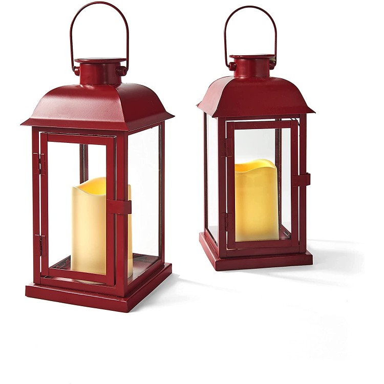 Red Outdoor Lanterns with Solar Candles 11 Inch Tall 2 Set Waterproof Metal Ivory Resin Candle Flickering LED Light Spring Patio Decor Batteries Included