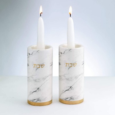 Rite Lite Ceramic Candlestick Set Marble Design Gold Accents