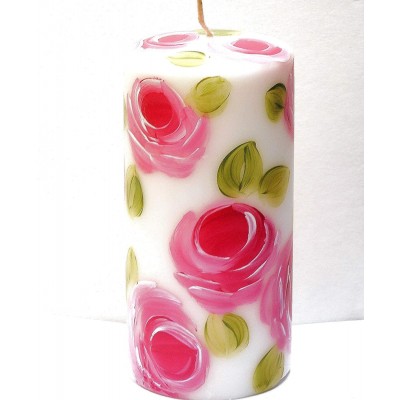 Romantic Unscented Dripless 6 Inch Tall Decorative Large White Pillar Candle With Hand Painted Pink Roses Shabby Chic Decor