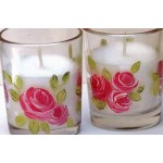 Shabby Chic Decor Romantic Hand Painted Pink Rose Small Clear Glass Jar Votive Candle Holders Set
