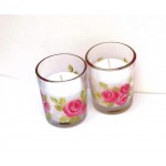 Shabby Chic Decor Romantic Hand Painted Pink Rose Small Clear Glass Jar Votive Candle Holders Set