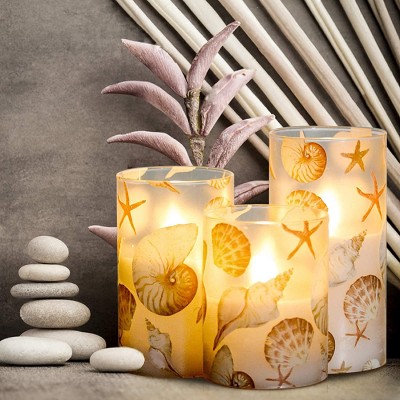 SILVERSTRO Flameless Candles with 6H Timer Beach Theme Blinks Battery Operated Candles Shell Decals LED Candles for Home Party Wedding Christmas Decor Set of 3