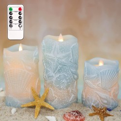 SILVERSTRO Flameless Candles with Remote Nautical Theme Seashell Carved Real Wax LED Candles Ocean Blue Battery Candles for Theme Party Wedding Holiday DecorD 3" x H 4" 5" 6"