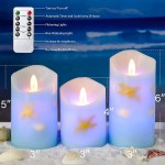 SILVERSTRO Flickering Blue Flameless Candles with Remote Nautical Theme Shell Starfish Embedded LED Candles Battery Operated Candles for Party Wedding Holiday Decor 3 per Pack