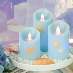 SILVERSTRO Flickering Blue Flameless Candles with Remote Nautical Theme Shell Starfish Embedded LED Candles Battery Operated Candles for Party Wedding Holiday Decor 3 per Pack