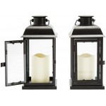 Solar Powered Outdoor Lanterns 11 Inch Tall Set of 2 Decorative Candle Lantern for Patio Waterproof Black Metal & Glass LED Pillar Candle Dusk to Dawn Timer Batteries Included