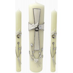 Unity Candle Set for Weddings Centerpiece Wedding Candles with Silver Tone Accent Cross Rings and Flowers Religious Symbolic Marriage Ceremony Decorations 3 Pack