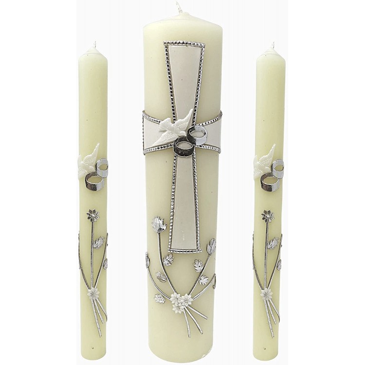 Unity Candle Set for Weddings Centerpiece Wedding Candles with Silver Tone Accent Cross Rings and Flowers Religious Symbolic Marriage Ceremony Decorations 3 Pack