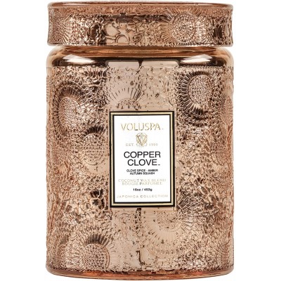 Voluspa Copper Clove Candle | Large Jar | 18 Oz | Embossed Glass with Matching Glass Lid | Fall Scent | All Natural Wicks and Coconut Wax for Clean Burning