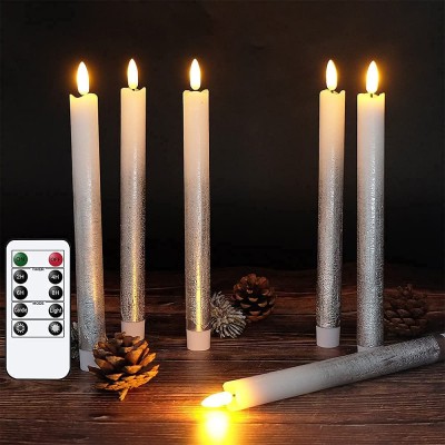 Wondise Flickering Flameless Taper Candles with Remote and Timer 9 Inch Battery Operated Silver Real Wax 3D Flame Window Candles for Holiday Christmas Decor Set of 60.78 x 9.64 inch