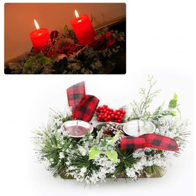 2 in 1 Christmas Candle Holder Frosted Pine Needles Candle Rings with Candlestick Decorative Red Berries Burlap Bow Holiday Candlelight Stand for Xmas Dining Room Decoration Display Home Decor