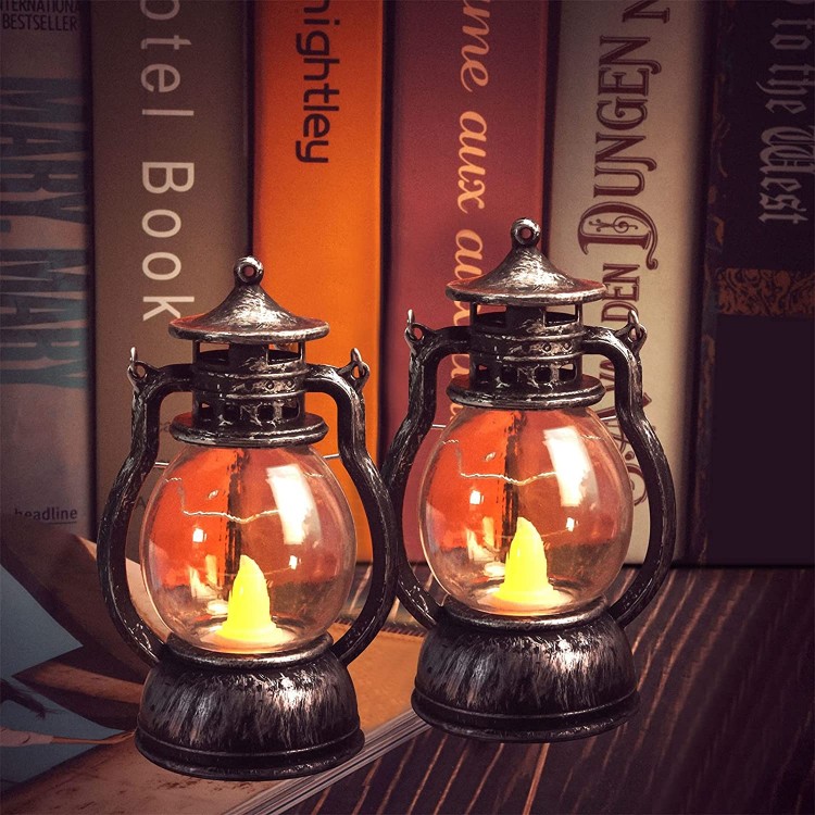 5'' Decorative Lanterns Comealltime 2-Pack Vintage Mini Candle Lanterns with Flickering LED Flame Hanging Lantern Lanterns Decorative for Christmas Home Table Silver